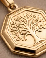 Dije de acero con baño de oro en forma octogonal, con grabado central del árbol de la vida.
