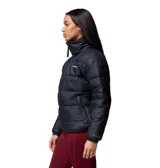 Campera puffer Columbia modelo Pike Lake, color negro, con tecnología termorreflectante Omni-Heat y tejido repelente Omni-Shield. Cuenta con cierre frontal bidireccional, cuello alto con protección de barbilla, bolsillos laterales con cierre, bolsillo interior de seguridad, puños elásticos y dobladillo ajustable con cordón.
