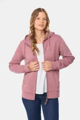 Canguro negro con capucha, cierre frontal y bolsillos laterales.