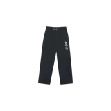 Pantalón sastrero Eme Studios de corte recto y color negro, con doble botón en la cintura, pinzas frontales y pequeños estampados gráficos blancos en la pierna izquierda.