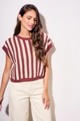 Chaleco de punto con rayas verticales color beige y marrón, de corte holgado y sin mangas.