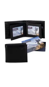 Billetera de cuero color negro, con doble visor, múltiples tarjeteros y doble compartimento para billetes.
