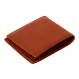 Billetera de cuero de grano superior color cognac, con diseño de perfil delgado, protección RFID y logo de la marca grabado en la esquina inferior.
