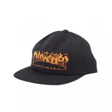 Gorro negro de visera plana con logo Thrasher x Anti-Hero Pigeon estampado en color naranja.