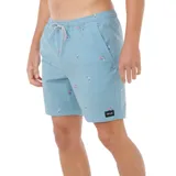 Short de baño celeste con estampado de palmeras y veleros, cintura elástica con cordón ajustable y logo de la marca en la pierna.