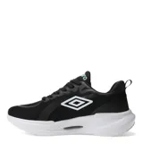 Championes deportivos Umbro modelo Aerorun, color negro con detalles en verde menta y suela blanca. Presentan diseño de malla transpirable, cierre con cordones y logo de la marca en el lateral.