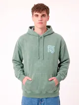 Hoodie de felpa gris con capucha y gran estampado gráfico en la espalda de la marca Rusty junto a la figura de un pez.