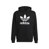 Canguro negro Adidas con capucha y bolsillo tipo canguro. Logo Adidas Trefoil estampado en blanco en el pecho.