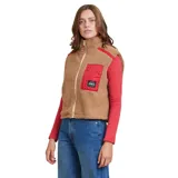 Chaleco marrón de polar con cierre frontal y detalles en rojo en cuello, hombros y bolsillo.