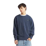 Buzo de cuello redondo Quiksilver, color azul marino, con detalle de costura en V en el cuello y parche pequeño con logo en el pecho.