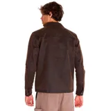 Chaqueta de estilo chore en color marrón oscuro con acabado encerado. Presenta cierre frontal completo con cremallera metálica, cuello camisero, bolsillos laterales y un bolsillo con cremallera en el pecho con detalle de logo de la marca.