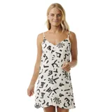 Vestido corto blanco con estampado de símbolos abstractos en negro, breteles finos y escote en V.