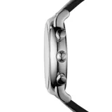 Reloj Emporio Armani modelo Luigi con caja plateada de acero inoxidable de 46mm y esfera negra con cronógrafo. Correa de cuero negra. Resistencia al agua de 5 ATM.