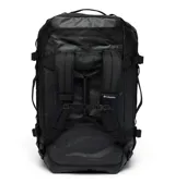 Bolso de lona Columbia Landroamer de 60 litros en color negro, con el logo de la marca estampado en blanco en el frente. Cuenta con múltiples asas de transporte, correas de hombro plegables para usar como mochila, correas de compresión y un gran compartimento principal con cierre.