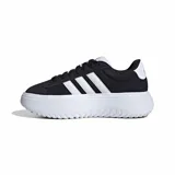 Championes Adidas modelo Grand Court Platform, de diseño urbano con plataforma elevada. Presentan una capellada de gamuza negra con las icónicas tres tiras laterales en blanco y suela de goma dentada.
