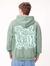 Canguro verde militar con capucha, confeccionado en felpa francesa de algodón y poliéster. Presenta un gran estampado en la espalda con diseño gráfico de un pez y el texto "Rusty", corte holgado.