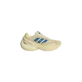 Championes Adidas Adizero Goukana de diseño chunky y futurista, en color vainilla con detalles en azul y negro en las icónicas tres tiras laterales. Presenta una suela gruesa y esculpida, confeccionados en malla y refuerzos sintéticos.