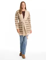 Cardigan de tejido jacquard con diseño de cuadros, cuello con solapa amplia acanalada, hombros caídos y ajuste frontal mediante lazo en la cintura.