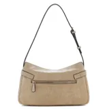 Cartera tipo shoulder bag de Guess, color gris topo en material sintético con detalles de tiras cruzadas y herrajes dorados. Cuenta con correa de hombro ajustable y cierre superior.