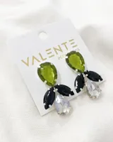 Aros colgantes con forma de flor, con piedras de fantasía facetadas en color verde, negro y cristal.