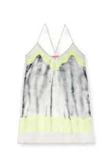 Vestido corto con estampado de otro vestido lencero, breteles finos regulables y espalda en V.