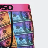 Calzoncillos tipo bóxer con estampado de billetes de 100 dólares en tonos naranja, violeta y celeste. Tiene cintura elástica fucsia con logo de la marca.
