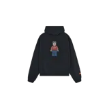 Hoodie oversized de color negro, con capucha, bolsillo frontal tipo canguro y un estampado gráfico de una figura estilo Lego en el pecho.
