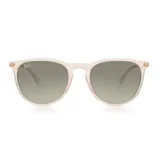 Lentes de sol Ray-Ban modelo Erika, con montura redonda color rosa claro y lentes grises degradé.