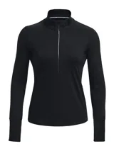 Remera deportiva de manga larga para mujer, color negro, con cuello alto y cierre frontal parcial. Presenta aberturas para los pulgares en los puños.