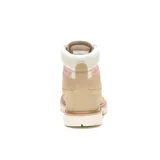 Bota de cuero nubuck color beige con detalles en blanco y cordones jaspeados en rosa y blanco. Presenta cuello acolchado, suela de goma dentada y logo de la marca en el lateral y la lengüeta.