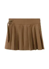 Falda marrón con tablones laterales y detalle de hebilla ajustable en la cintura.