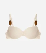 Top de bikini confeccionado en microfibra acanalada, de color beige con aros estructurados y breteles regulables con apliques decorativos ovalados.
