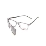 Lentes de receta con armazón de acetato transparente en tono grisáceo y clip-on solar magnético desmontable. Diseño de marco rectangular con patillas delgadas y flexibles.