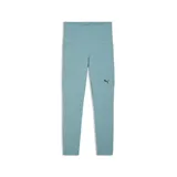 Calza deportiva Puma de tiro alto, color verde azulado, con largo 7/8 y logo de la marca estampado en la pierna izquierda.