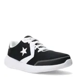 Championes Converse modelo Day One Trainer OX, de diseño urbano y minimalista. Presentan una capellada de tejido sintético en color negro con detalles en blanco, incluyendo el icónico logo de estrella de la marca en el lateral. Cuentan con cierre de cordones y una suela de goma blanca que proporciona tracción y estabilidad.