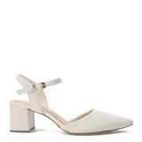 Zapatos de mujer marca Bottero, color blanco, con diseño de punta fina, taco block y tira ajustable al tobillo con hebilla metálica.