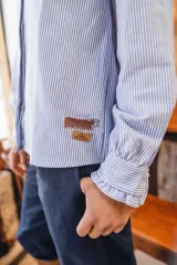 Camisa de manga larga con rayas finas, cuello mao con volados y cierre frontal de botones.