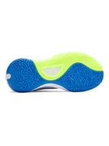 Championes de básquetbol Under Armour Lockdown 7, con diseño en tonos azul, gris y detalles en verde lima. Presentan parte superior de malla transpirable con superposiciones de cuero sintético, entresuela de EVA para una pisada ligera y suela de caucho con patrón de tracción en espiga.