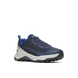 Championes de senderismo Merrell modelo Speed Strike 2, con diseño deportivo en tonos azul y negro. Presentan una parte superior de malla transpirable con refuerzos sintéticos, entresuela de espuma EVA para mayor estabilidad y suela de goma con tracción adherente.