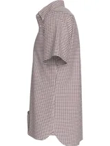 Camisa de manga corta Tommy Hilfiger con cuello abotonado y cierre frontal de botones. Presenta un diseño de cuadros gingham en tonos blanco y bordó, con el logo de la marca bordado en el pecho.