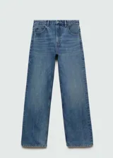 Jeans de corte recto y tiro medio, confeccionados en tejido de algodón estilo vaquero. Presentan cierre de cremallera con botón, trabillas en la cintura, dos bolsillos delanteros, bolsillo portamonedas y dos bolsillos de parche en la parte posterior.