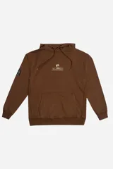 Buzo con capucha y bolsillo canguro, color marrón, con estampa frontal minimalista que incluye el logo de la marca Mistral y un diseño gráfico inspirado en la luna.