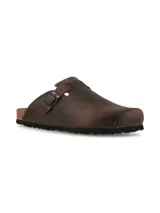 Zueco de cuero marrón oscuro con hebilla metálica lateral ajustable, suela de corcho y base de goma negra.