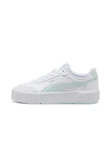 Championes Puma Carina Mia, color blanco con franja lateral en tono menta y suela de plataforma con textura acanalada.