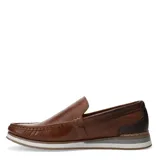 Mocasines de cuero color marrón tabaco, con diseño de costuras visibles y suela de goma bicolor con detalle gris.