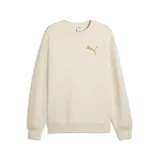 Buzo de cuello redondo Puma, color beige, con logo de la marca estampado en el pecho en tono dorado. Presenta un corte relajado con puños y ruedo acanalados.