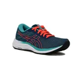 Championes Asics Gel-Excite 7 para mujer, de color azul con detalles en turquesa y cordones naranjas, ideales para running.