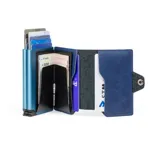 Billetera compacta de cuero sintético color azul marino, con mecanismo de eyección de tarjetas y cierre a presión.