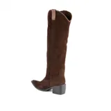 Bota texana alta de cuero marrón, con taco cuadrado y puntera fina. Presenta costuras decorativas en el empeine y tirador lateral en la caña.