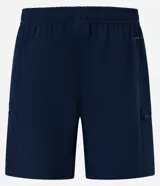 Bermuda deportiva gris oscuro, corte por encima de la rodilla, con cintura elástica y cordón de ajuste. Presenta bolsillos laterales con cierre.